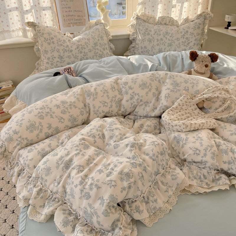 Ruffled Floral Pattern Duvet Cover Set