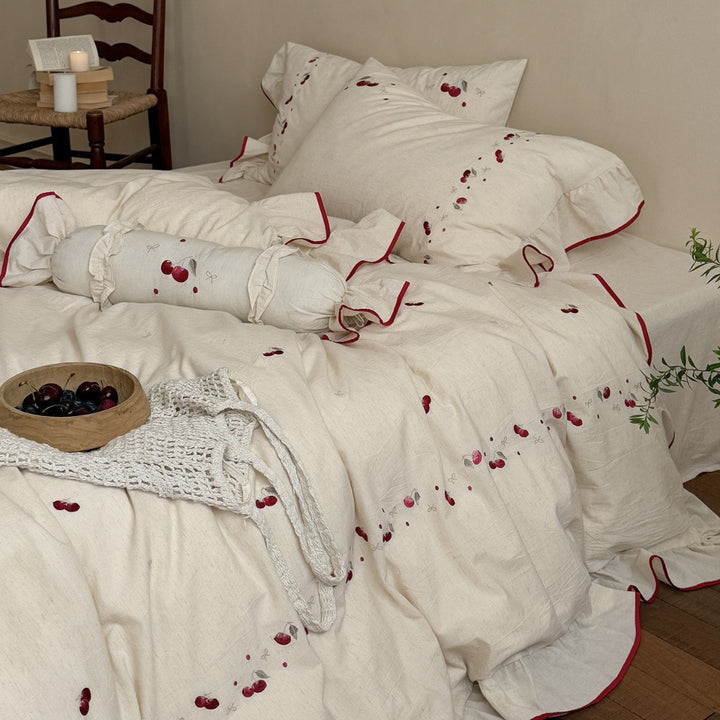 Embroidered Cherry Ruffle Cotton-Linen Duvet Cover Set with Decorative Bolster
