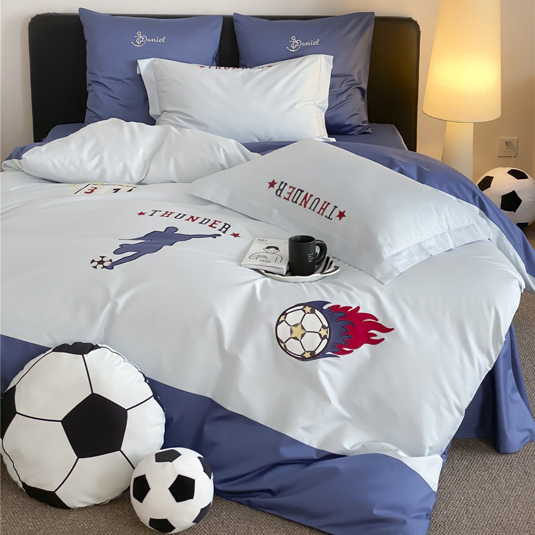 Soccer-Themed Cotton Sateen Duvet Cover Set with Embroidered Player Motif and Pillow Shams