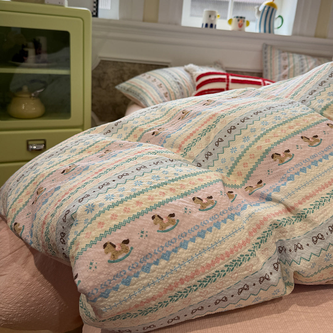 Quilted Cotton Duvet Cover Set with Nordic Reindeer Patchwork