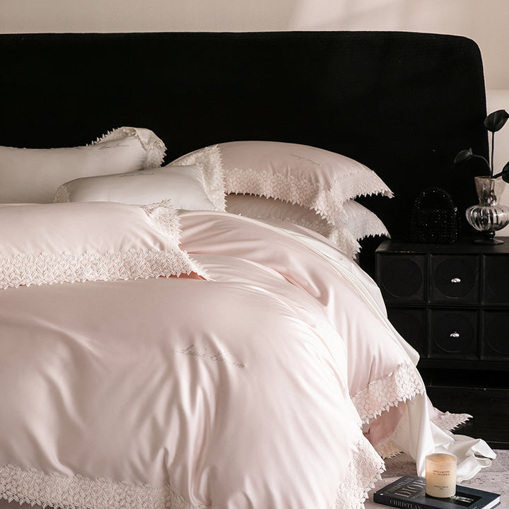 Luxurious satin bedding set with fine lace trim
