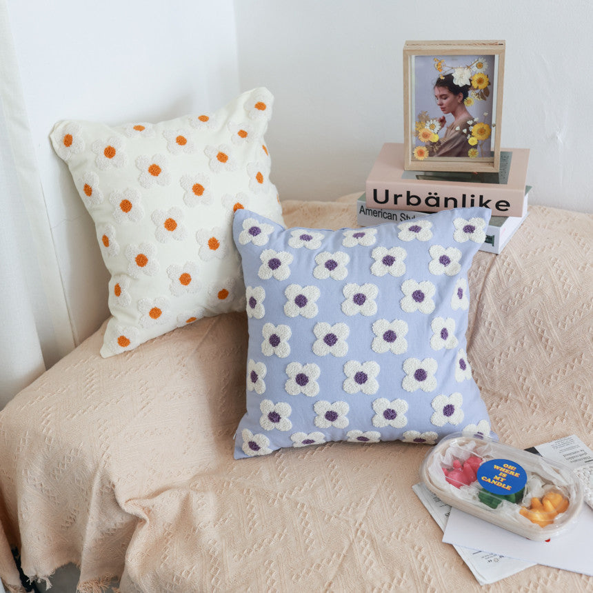 Square decorative cushion cover with hand-tufted flower relief and bouclé applications Stornfield