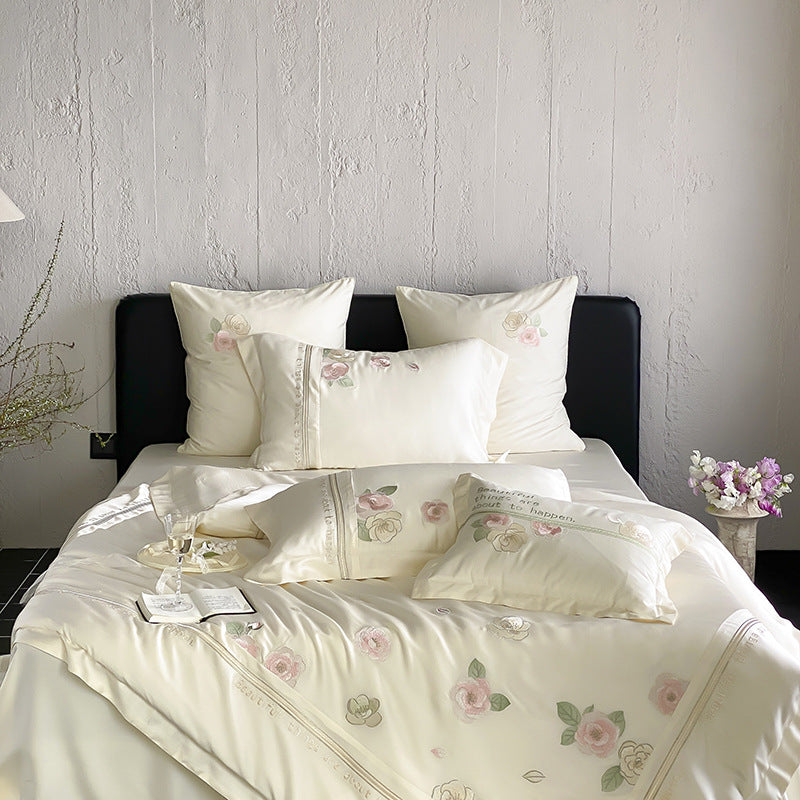 Silk-Blend Botanical Embroidered Duvet Cover Set with Satin Border & Decorative Shams