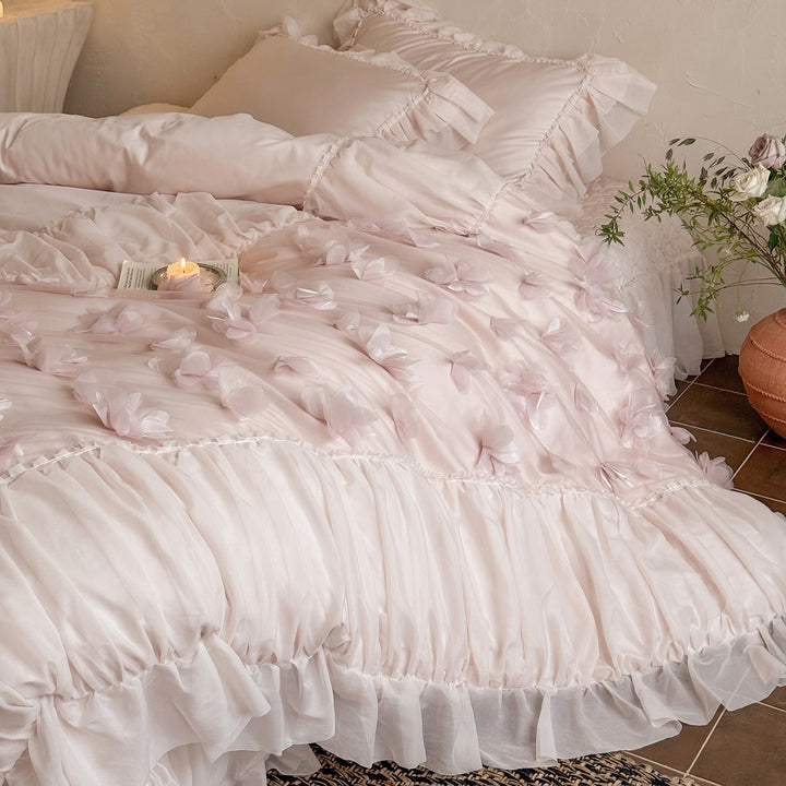 Romantic Ruffled Floral Appliqué Duvet Cover Set