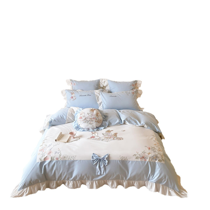 Ruffled Embroidered Cotton Sateen Bedding Ensemble with Decorative Round Pillow & Ruffled Skirt