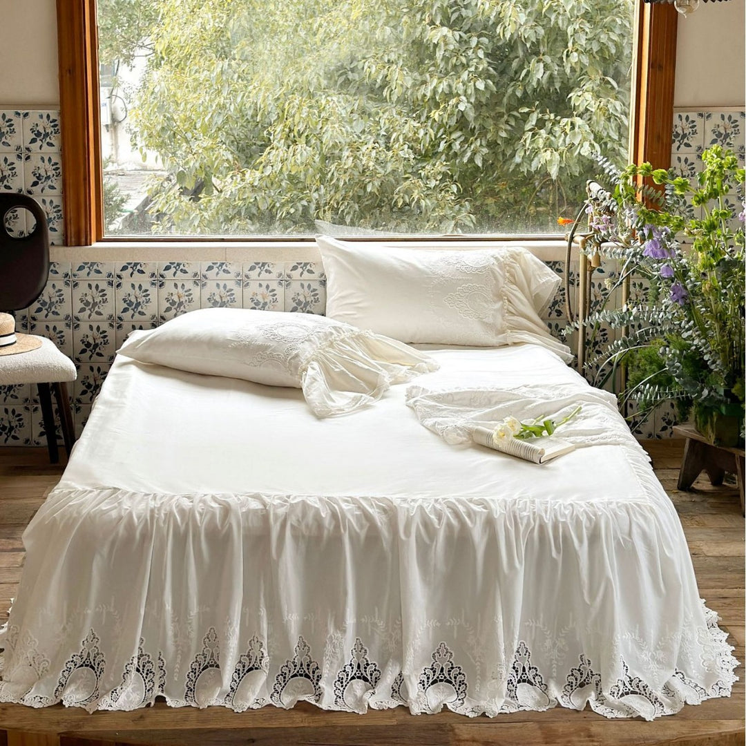 Romantic bedding set with lace embroidery, ruffle and gathered bedskirt