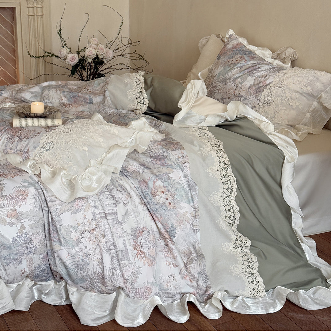 Ruffled Lace-Trim Floral Duvet Cover Set with Printed Panel & Frilled Shams