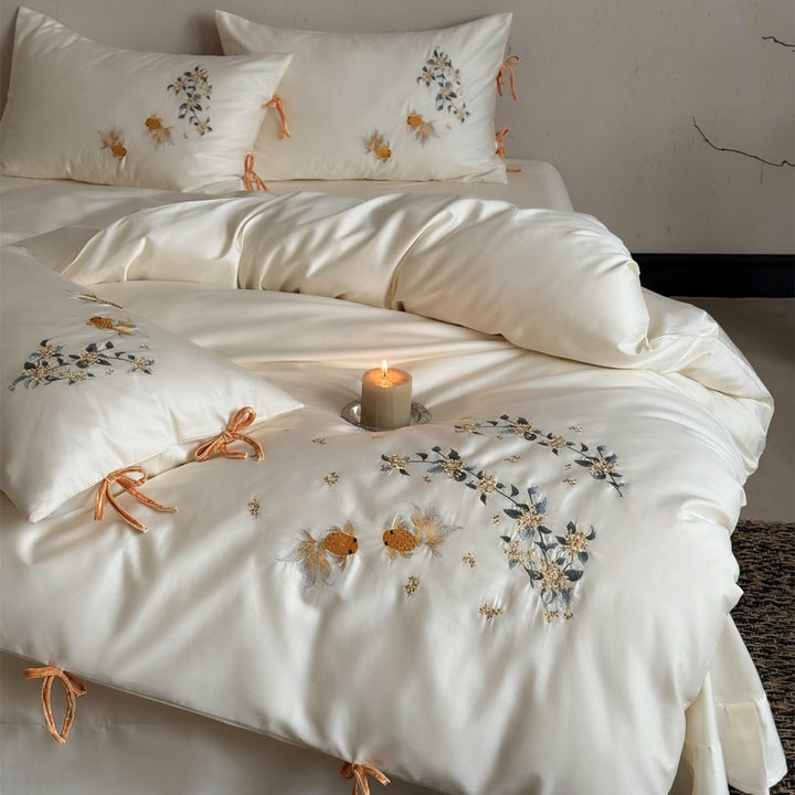 Embroidered Cotton Sateen Duvet Cover Set with Goldfish & Floral Motifs and Velvet Tie Closures