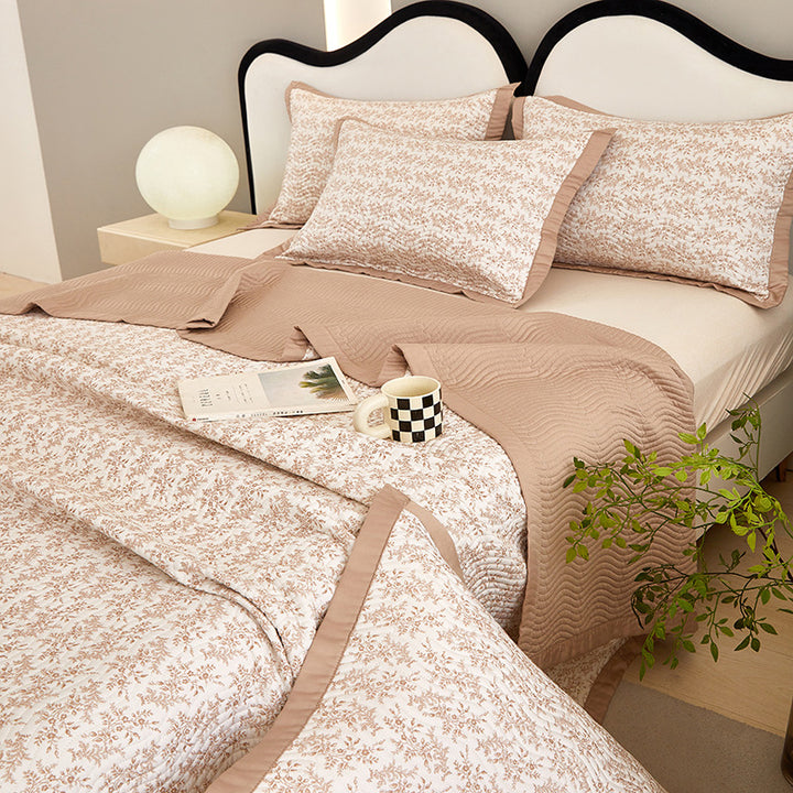 Quilted Floral Cotton Bedspread Set with Reversible Throw and Pillow Shams