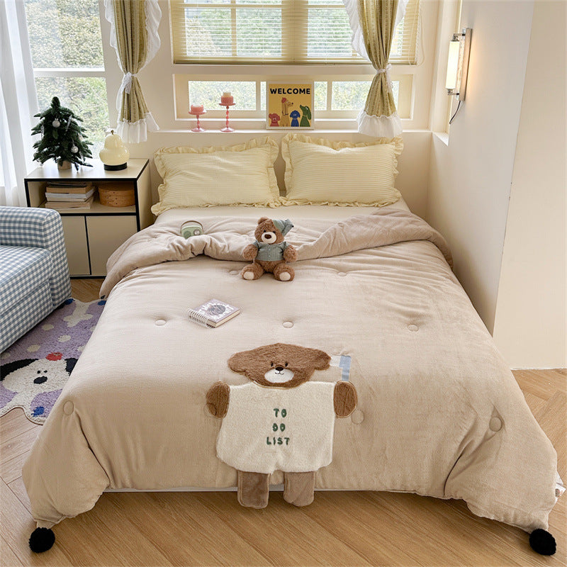 Plush Appliqué Teddy Microfiber Duvet Cover Set
