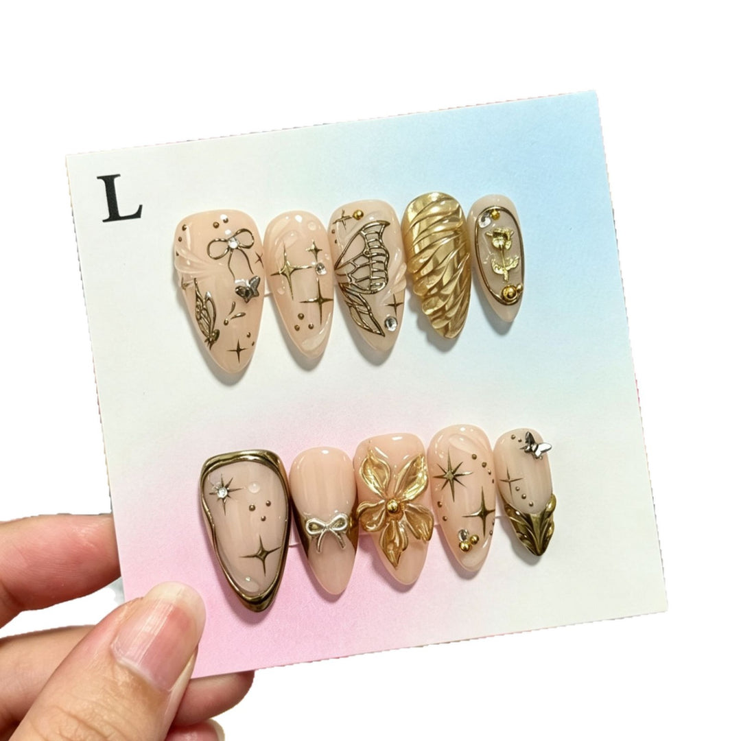 Decorative Press-On Nail Art Set with Floral and Gem Embellishments