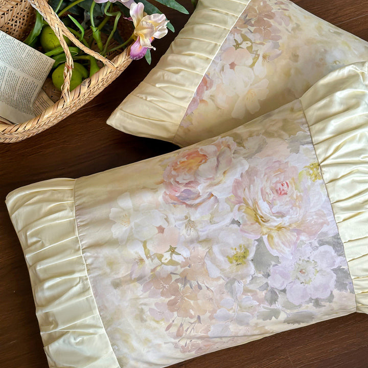 Pastel Watercolor Floral Satin-Trim Ruffled Duvet Cover Set