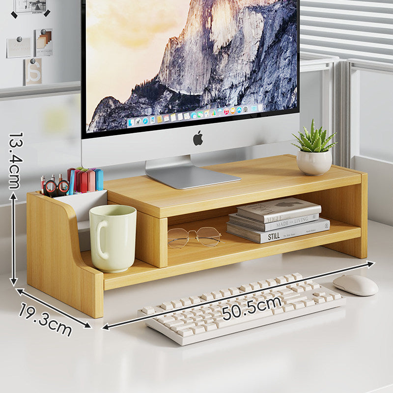 Elevated Bamboo Desktop Stand with Lockable Drawer and Integrated Cup & Stationery Caddy