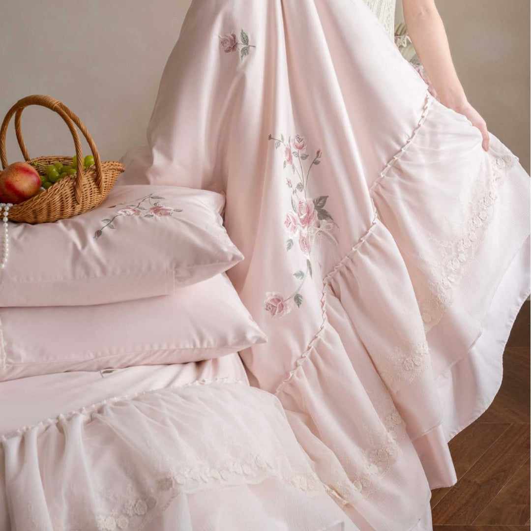 Ruffled Embroidered Cotton Sateen Duvet Cover Set with Layered Bedskirt & Lace-Trim Pillow Shams