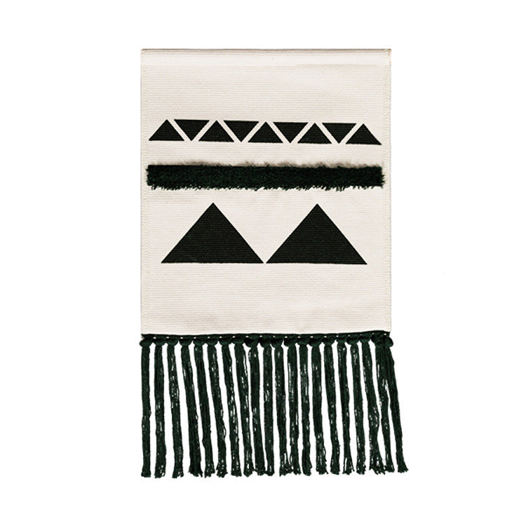 Hand-woven wall hanging and table runner made of cotton blend with geometric staircase pattern and long fringes Stornfield