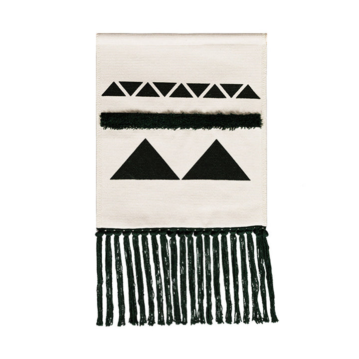 Hand-woven wall hanging and table runner made of cotton blend with geometric staircase pattern and long fringes Stornfield
