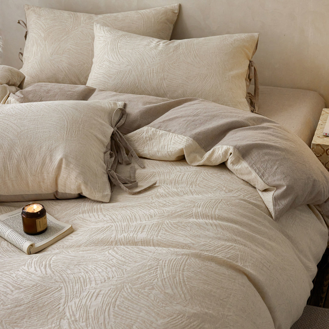 Reversible Washed Cotton-Linen Textured Duvet Cover Set with Tie-Closure Pillow Shams