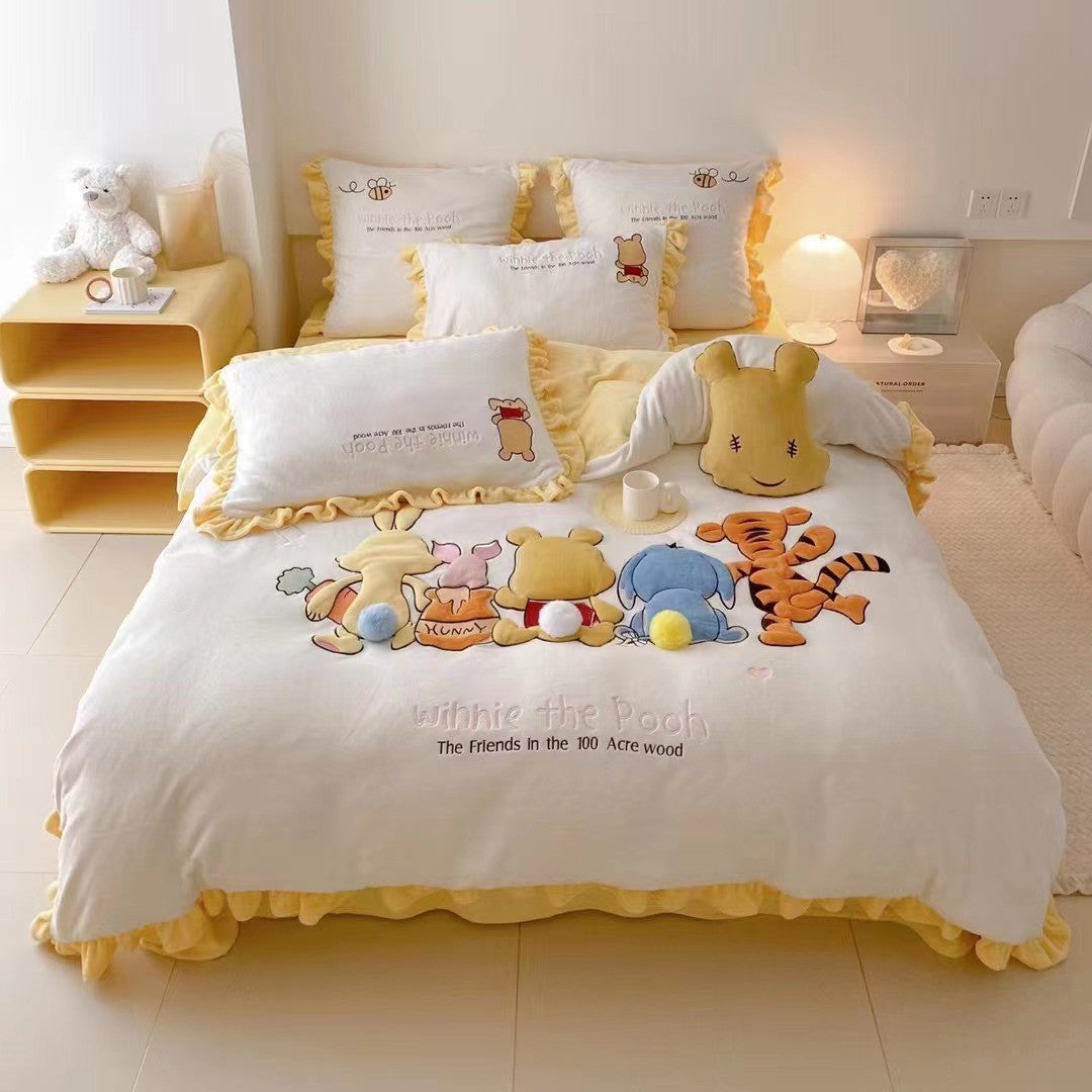 Cute quilted bedding set with plush bear applique and strawberry motif