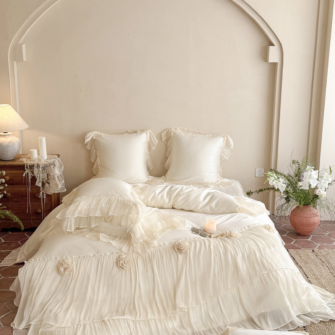 Romantic Layered Chiffon Pleated Duvet Cover & Ruffle Sham Set
