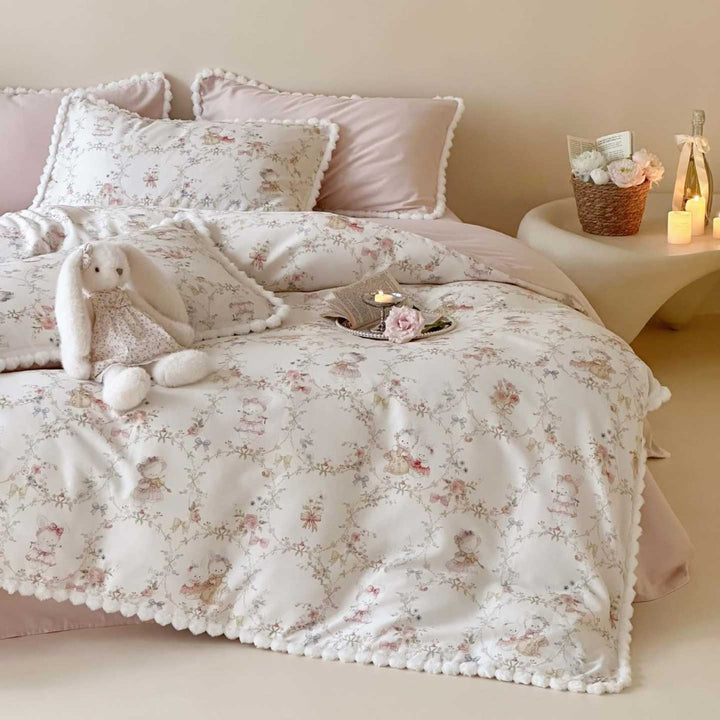 Romantic Floral Cotton Duvet Cover Set with Pom-Pom Trim and Matching Pillow Shams