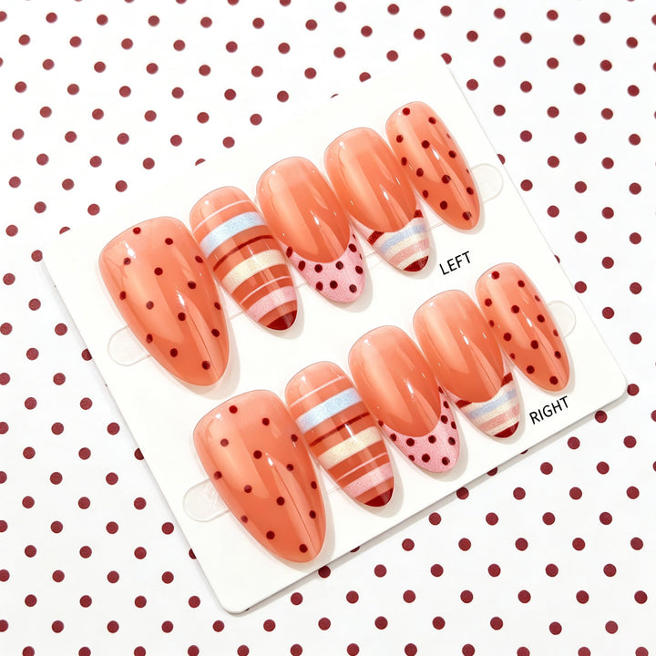 Artistic Press-On Nail Art Set with Playful Polka Dot and Striped Designs Stornfield