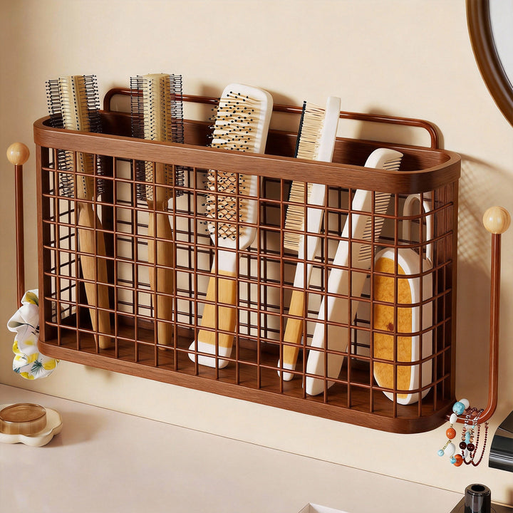 Wall-Mounted Mesh Bathroom Storage Basket with Dual Hooks and Integrated Handle