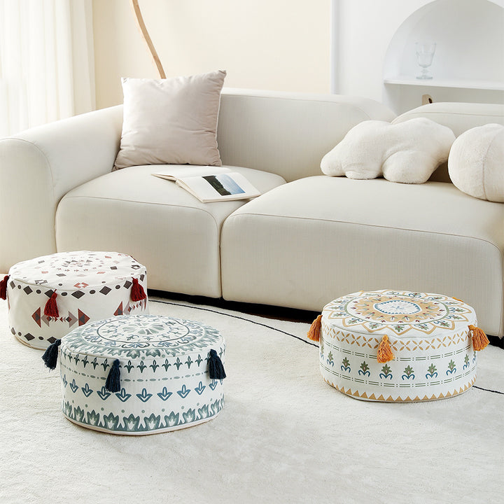 Beef padded seat pouf with ethnic jacquard pattern and sturdy canvas cover