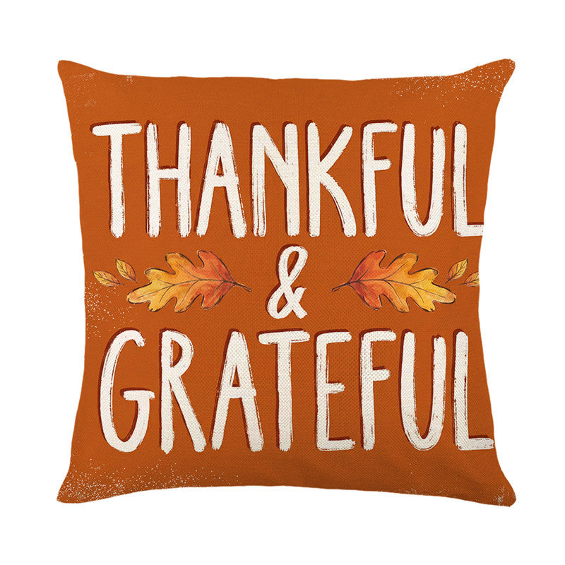 Autumn Harvest Cotton-Linen Square Throw Pillow Cover with Thanksgiving Turkey and Pumpkin Print