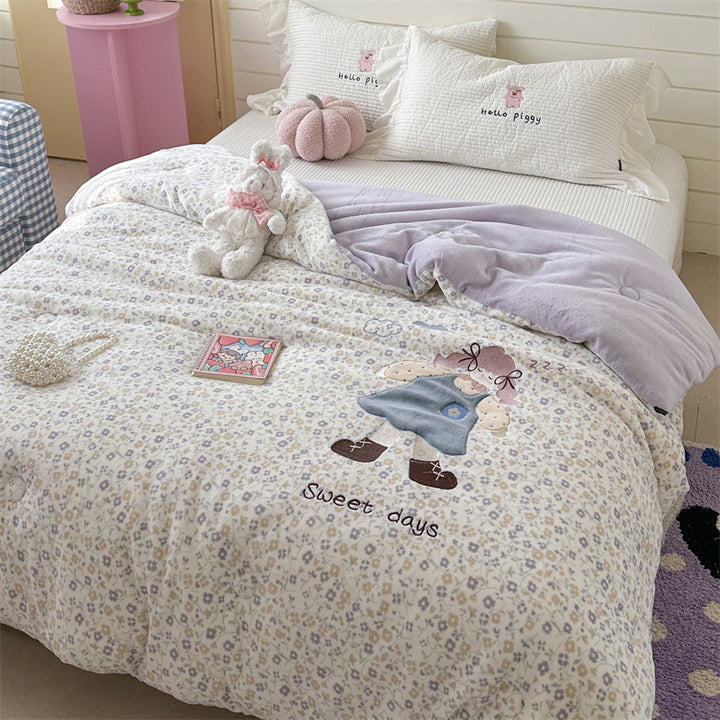 quilted cuddly blanket with 3D rabbit applique and floral microfiber cover
