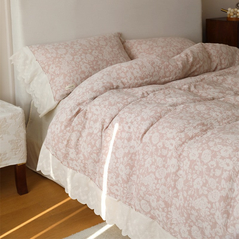 Floral Quilted Cotton-Linen Duvet Cover Set