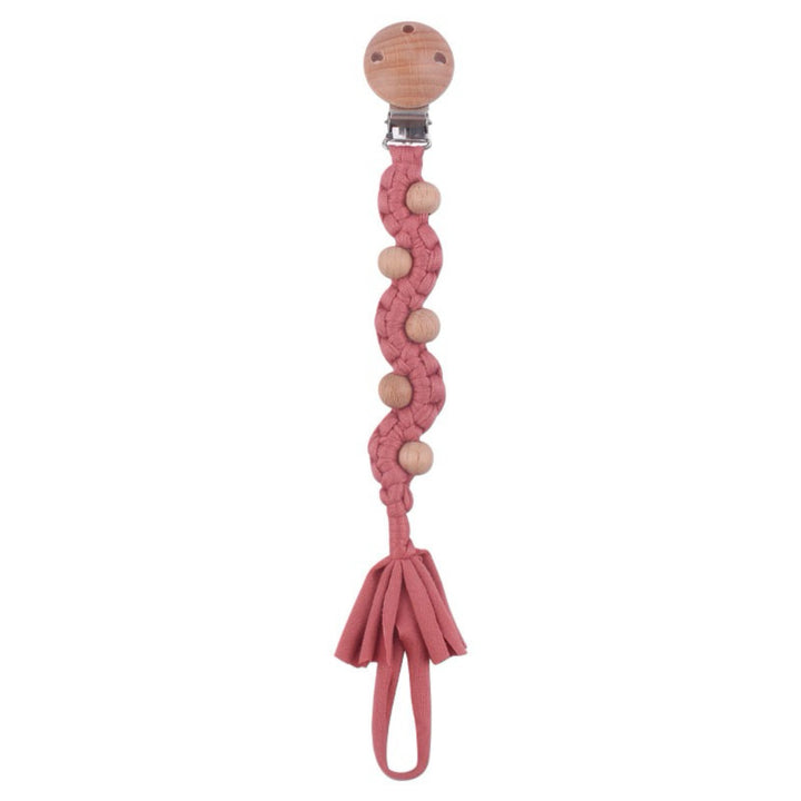 Macrame Boho Wooden-Bead Pacifier Holder Clip with Metal Safety Clamp