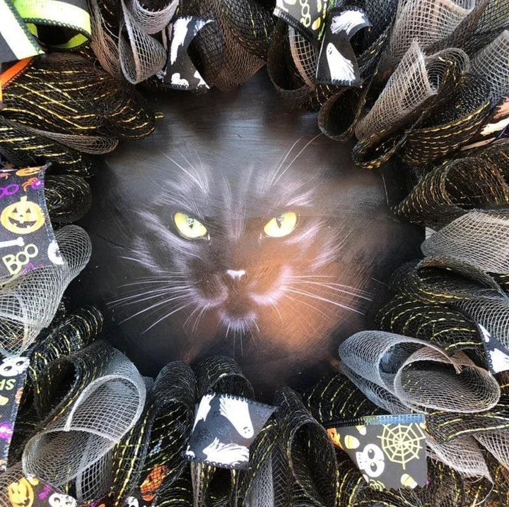 LED Illuminated Halloween Cat Wreath