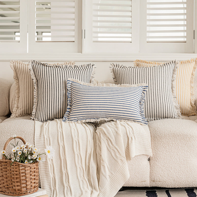 Striped Coastal-Inspired Cotton Square Pillow Cover with Fringed Edge and Concealed Zip