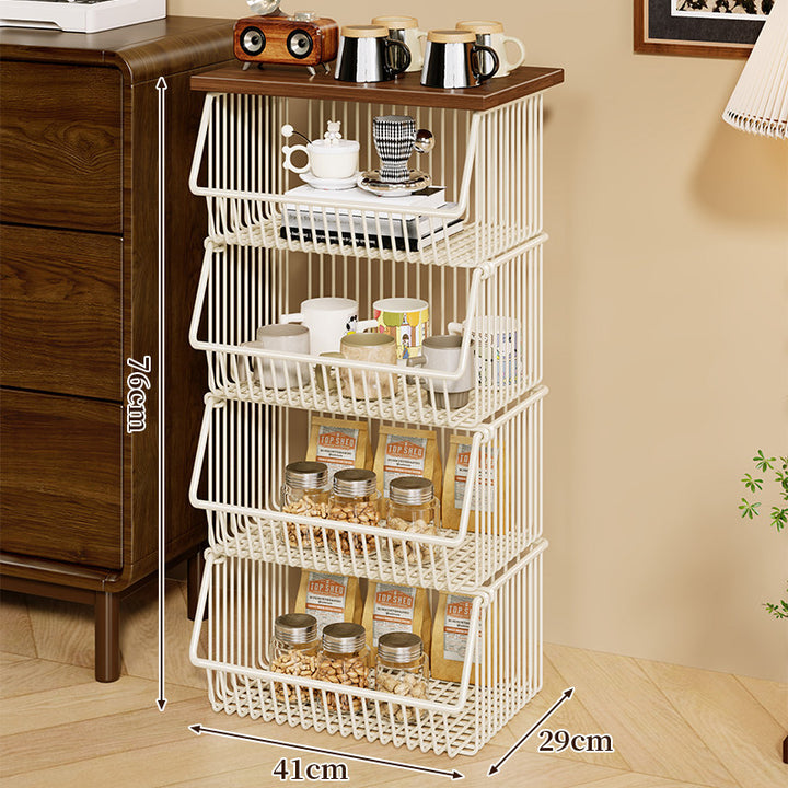 Mobile Four-Tier Kitchen Pantry Organizer Cart with Wood Top and Rolling Wire Baskets