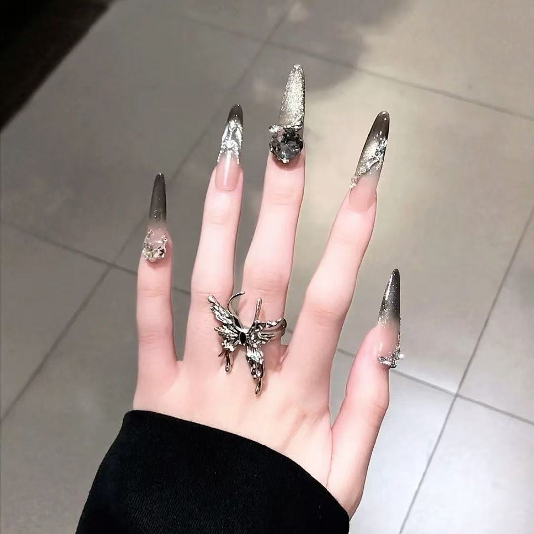 Artistic Crystal-Embellished Stiletto Nail Extensions Stornfield