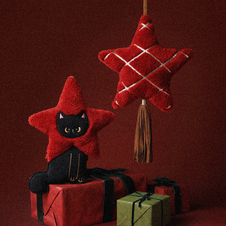 Plush pendant star shape with cat motif, cuddly teddy texture and hanging ribbon