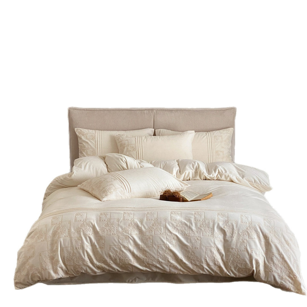 Embroidered Pintuck Cotton Duvet Cover Bedding Set with Decorative Pillow Shams