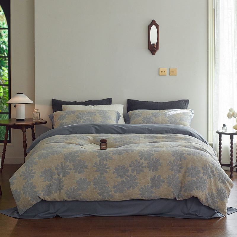 Quilted Botanical Cotton-Linen Comforter Set with Textured Floral Matelassé and Envelope Pillow Shams