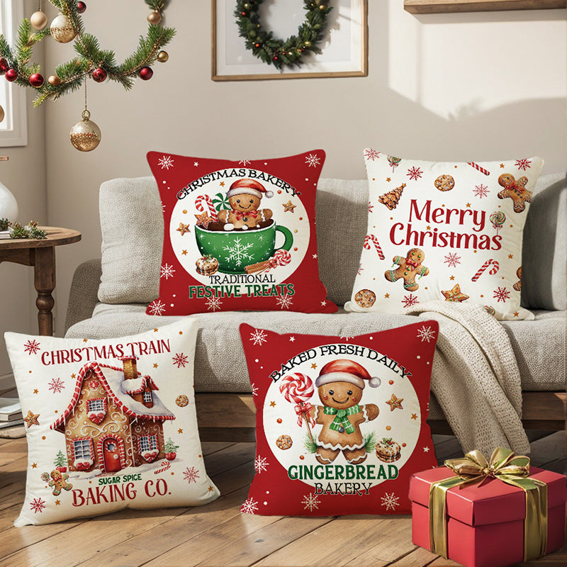 Festive Christmas Linen-Texture Square Cushion Cover with Merry Christmas Gingerbread Pattern
