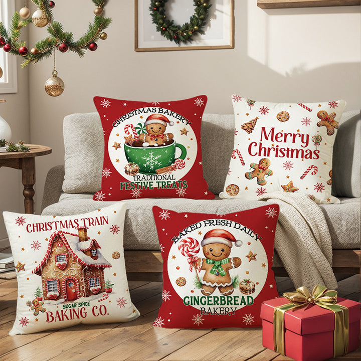 Festive Christmas Linen-Texture Square Cushion Cover with Merry Christmas Gingerbread Pattern