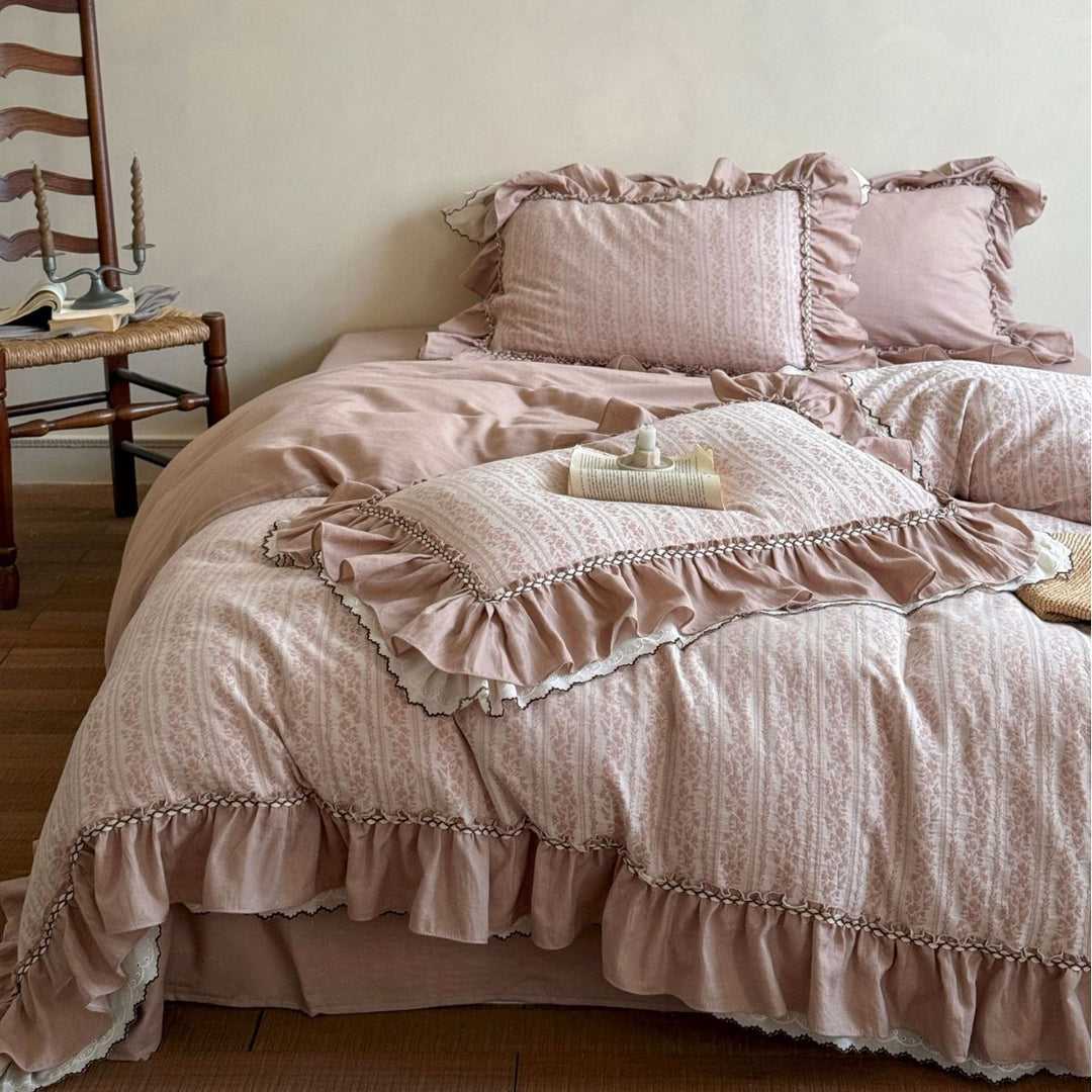 Ruffled Floral Stripe Cotton Duvet Cover and Sham Set