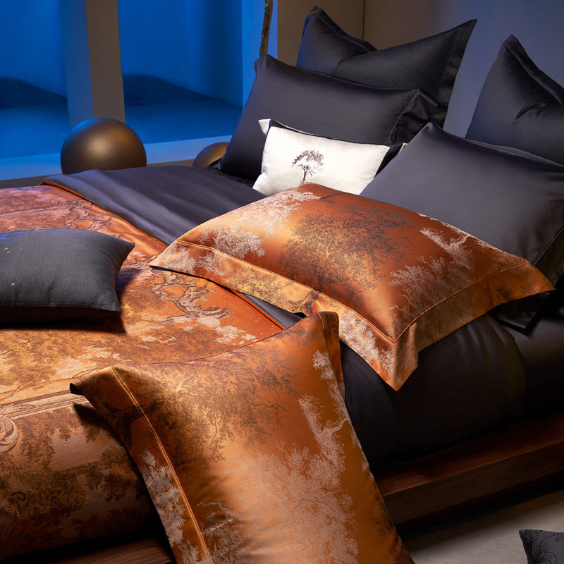 Silky Jacquard Copper Toile Duvet Cover Set with Envelope Pillow Shams