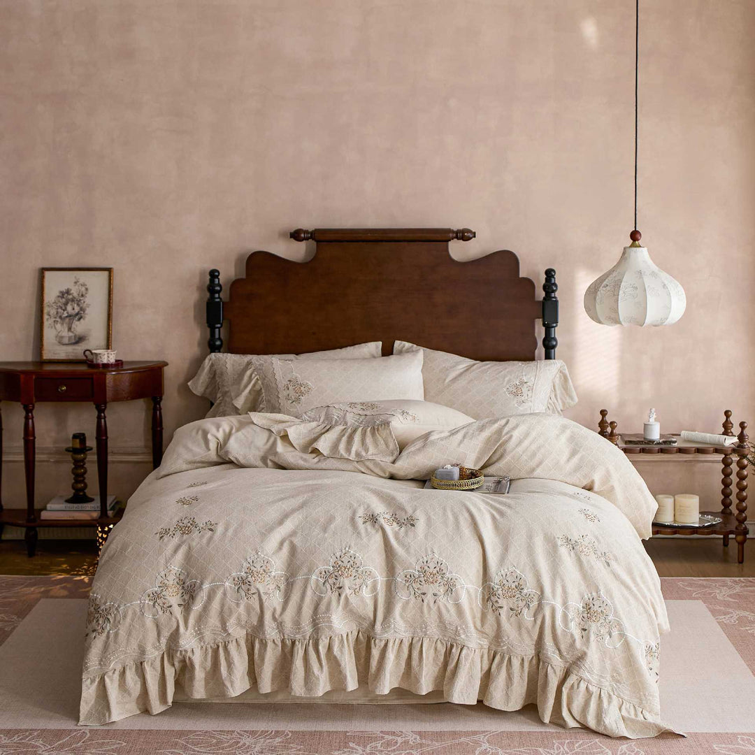 Embroidered Ruffled Cotton Duvet Cover Set with Skirted Bedspread