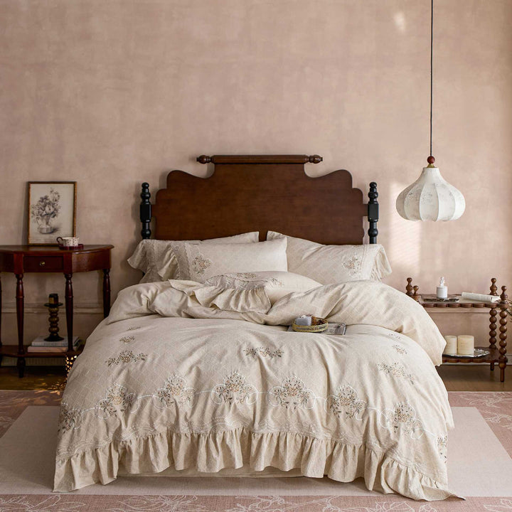 Embroidered Ruffled Cotton Duvet Cover Set with Skirted Bedspread