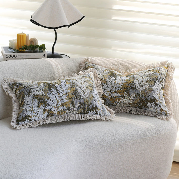 Decorative velvet cushion cover with embroidered fern jacquard and fringed edge Stornfield