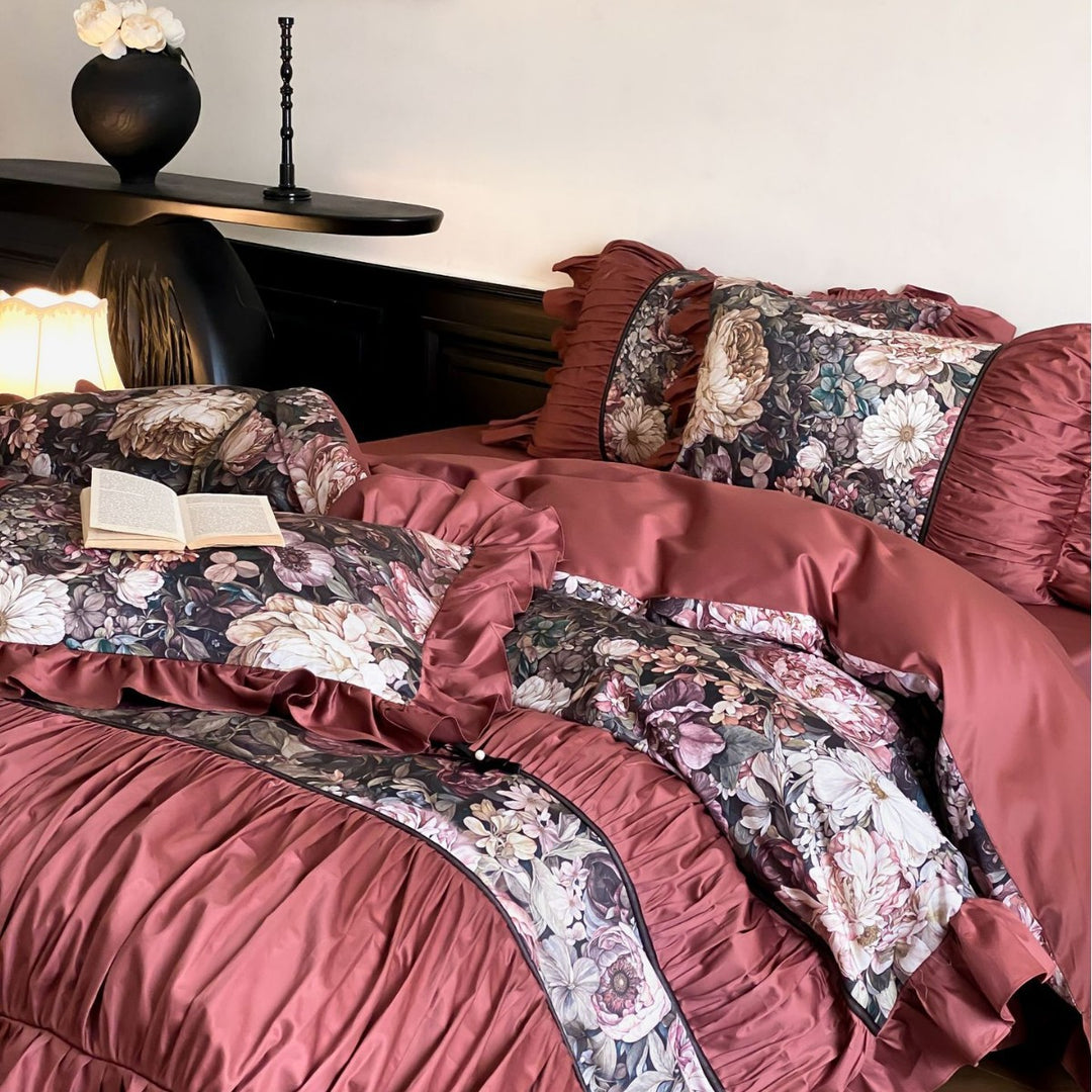 Romantic cotton satin bedding set with ruffles, quilted bedspread and decorative pillow