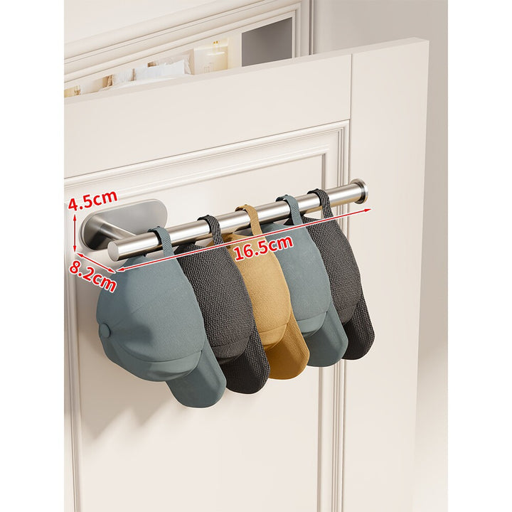 Door-Mounted Stainless Steel Hat and Cap Organizer Rod with Sliding Loop Hangers