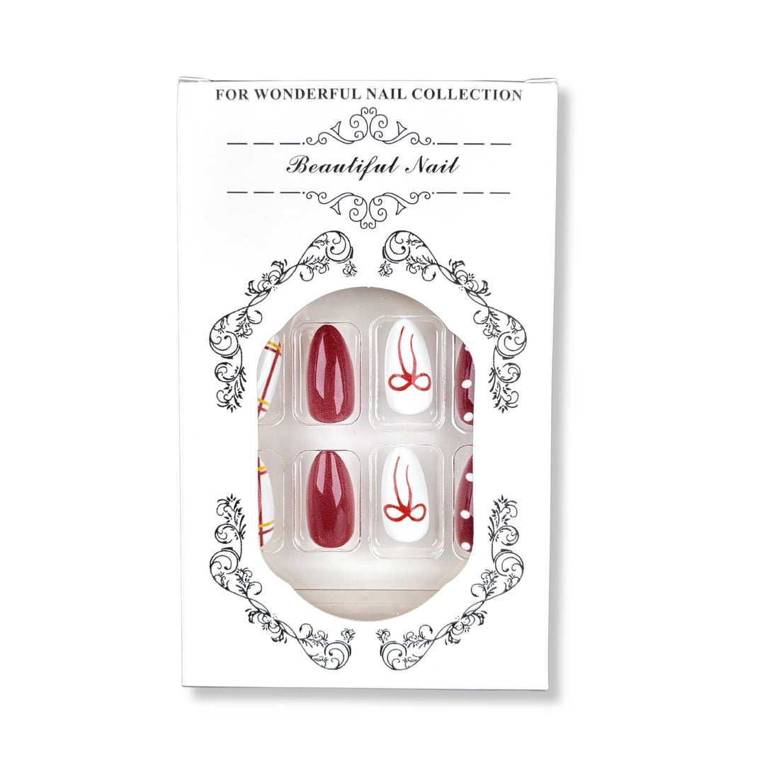 Decorative Press-On Nail Art Set with Bow and Polka Dot Design