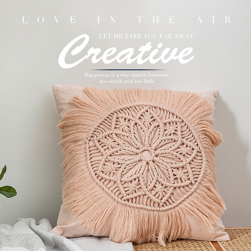 Decorative macrame pillow cover with mandala application and fringes Stornfield