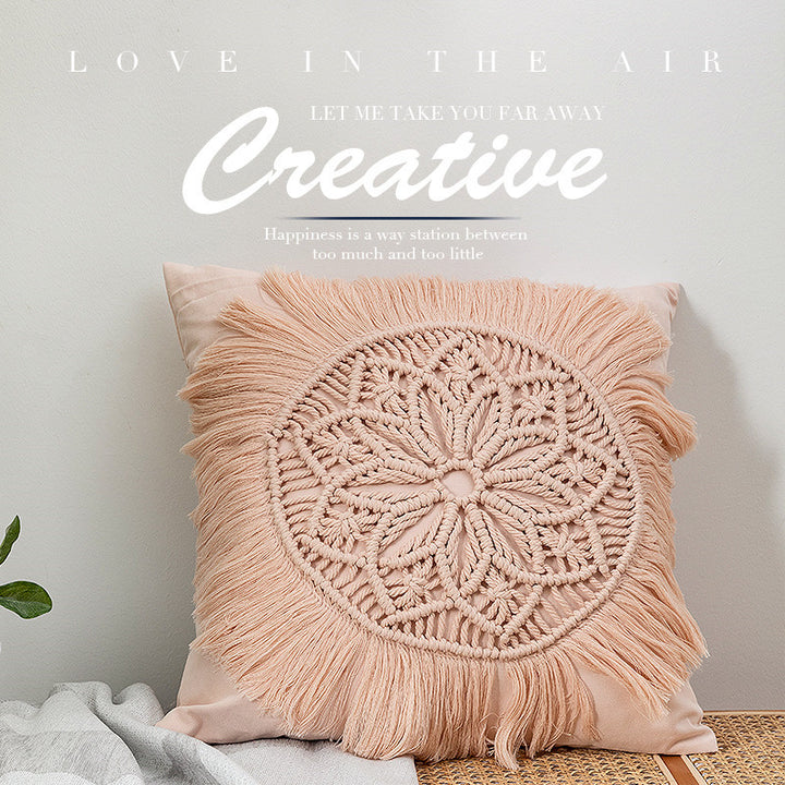 Decorative macrame pillow cover with mandala application and fringes Stornfield
